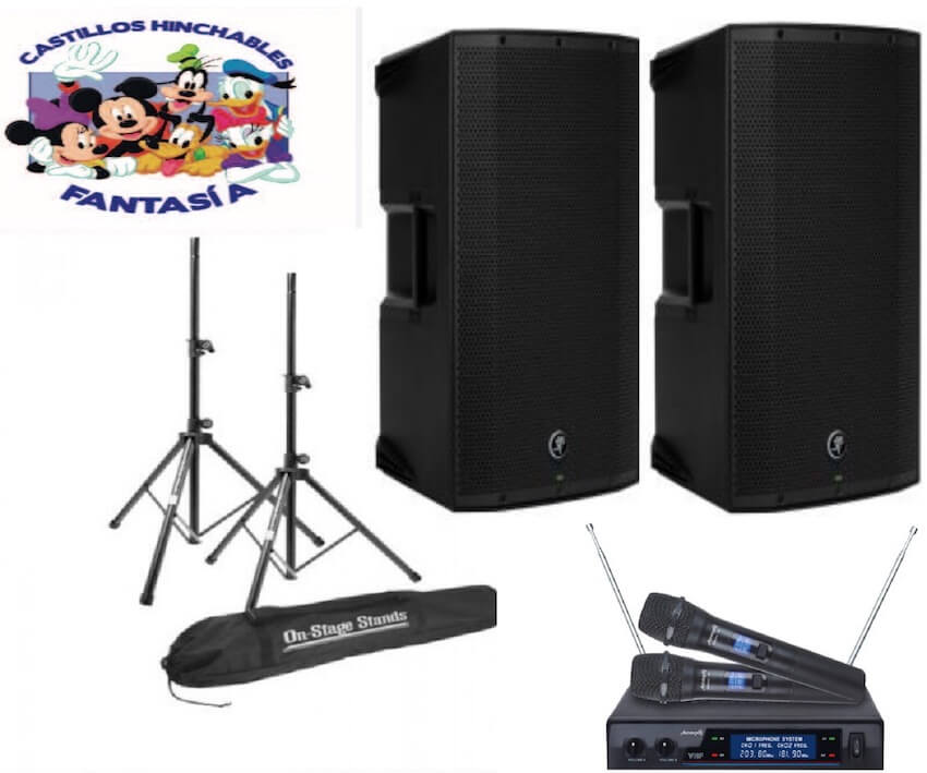 Alquiler 2 Altavoces 15 Pulgadas MACKIE de 1.500W (3.000W EN TOTAL) +MESA DE MEZCLAS USB + TRIPODES + MICROFONO 